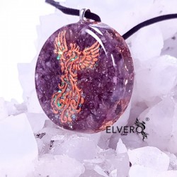 Amuletă phoenix cu pietre de tanzanit, charoit, sugilit, purpurit, ametist, turmalina roz. Sărbătoare a vieții